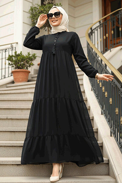 Neva Style Kat Piliseli Koyu Lacivert Tesettür Elbise 22051KL