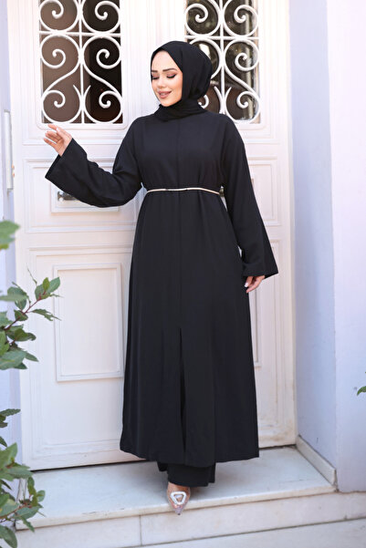 N.S NEVA STYLE Slit Detailed Black Hijab Double Suit 7669S