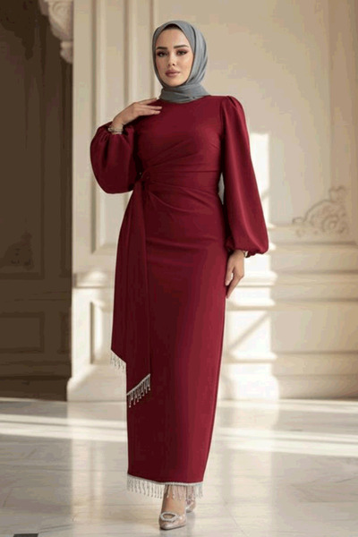 N.S NEVA STYLE فستان سهرة إسلامي بأكمام بالون باللون العنابي 62251BR
