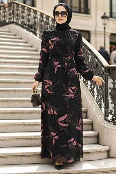 Neva Style Yaprak Desenli Gül Kurusu Tesettür Elbise 279315GK