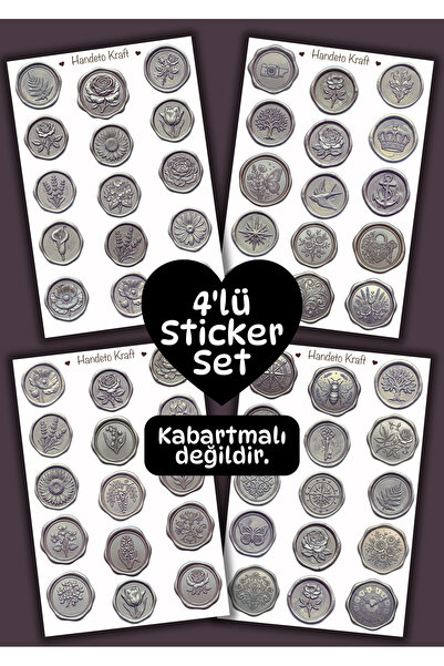 Handeto Kraft 4'lü Mum Mühür Görünümlü Gümüş Desen Sticker Seti Bullet Journa...