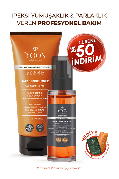 YOON 2'li Vegan Saç Kremi & Durulanmayan Saç Serumu, B7 Vit, Kolajen ve Kerat...
