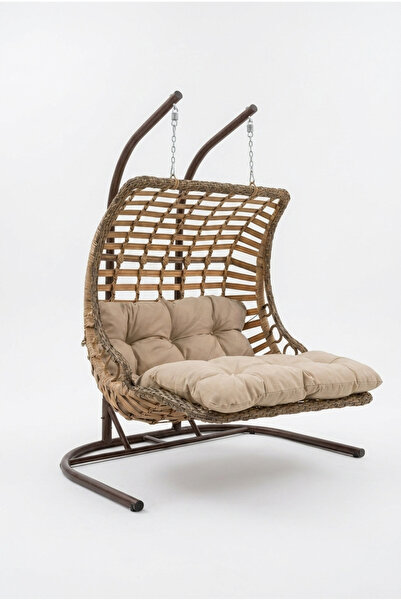 huteras Bodrum Double Ciftli Rattan Bahce Balkon Salincagi Acik Kahve 2 Kisil...