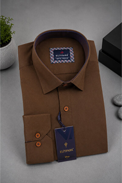 elitpark Brown Solid Color Cotton Men's Shirt with Front Stitching Detail