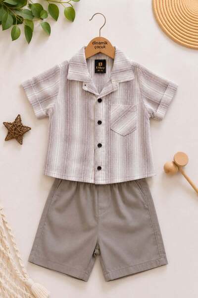 dinamik çocuk Boy's Thin Summer Short Sleeve Shirt with Satin Shorts 2-Piece ...