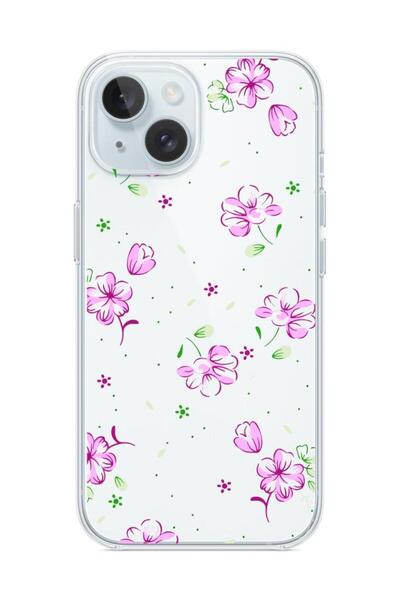 3GEN CASE İphone 15 Uyumlu Tatlı Çiçekler Desenli Şeffaf Silikon Kılıf