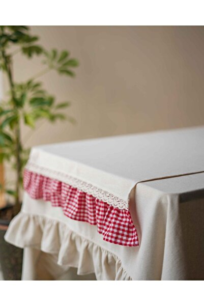 KaiHome Checkered Ruffled Lace Detailed Raw Linen Runner 50X150
