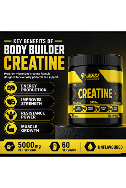 Body Builder Creatine Monohydrate Powder, 60 Serv, Unflavored, 100% Micronized Creatine Enhance Strength, and Muscle Growth