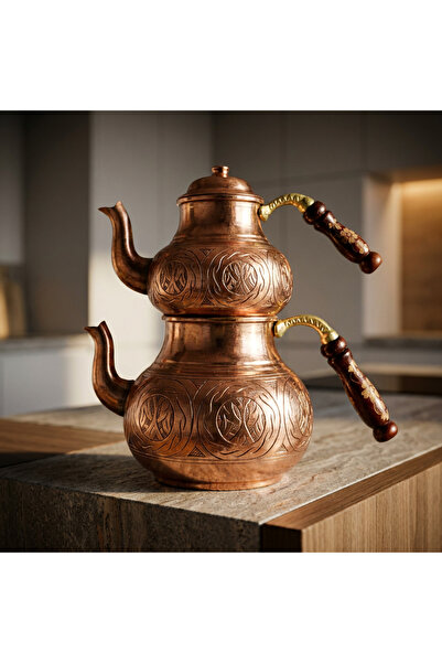 Generic طقم إبريق شاي تركي مزدوج مصنوع يدويًا من الزاماك مع غطاء إضافي بلون ب...