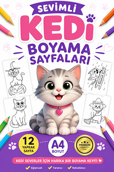 Organik Yolda Sevimli Kedi Boyama Sayfaları (12 Sayfa A4)