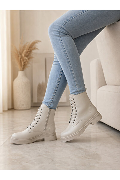 MİLOS Footwear Kadın Bej Cilt Bağcık Ve Fermuarlı Postal Bot