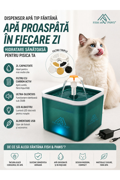 Fish & Paws Dispenser apă tip fântână Fish & Paws®, 2L, LED, filtru carbon, U...