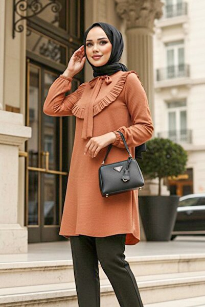 N.S NEVA STYLE Fırfır Detaylı Taba Tesettür Tunik 6682TB