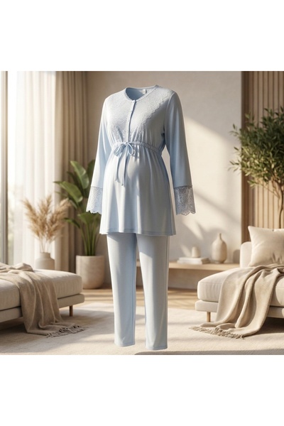 Lady Lingerie طقم بيجامة نسائي للحوامل والمرضعات من 3 قطع مع روب طويل - مزيج ...