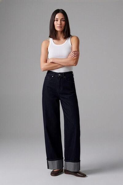 blue white Pantaloni de damă cu talie înaltă, cu picior larg și tiv pliat, al...