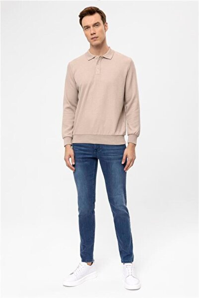 SÜVARİ Bej Regular Armürlü Polo Yaka Sweatshirt