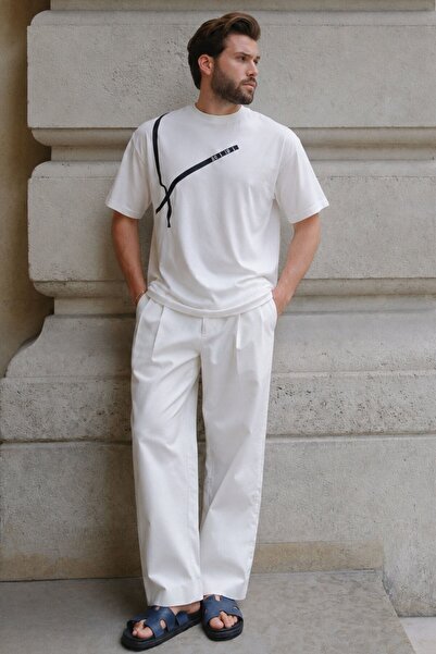 Madmext Ανδρικό μπλουζάκι Ecru Crew Neck Stripe Λεπτομερές βαμβακερό E7033