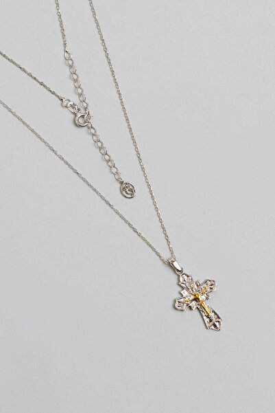 So CHIC... Antik 18 Ayar Beyaz Altın Kaplama 45 Cm Gümüş Cross Kolye