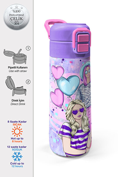 Coral High Kids Pembe Mor Fashion Girl Desenli Pipetli ve Direkt İçim Çelik T...