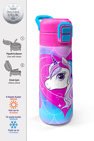 Coral High Kids Mor Pembe Unicorn Desenli Pipetli ve Direkt İçim Çelik Termos...