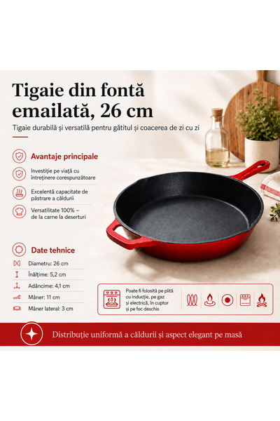 Newalor Tigaie din fontă emailată roșie, 26 cm