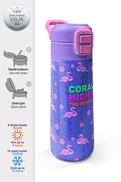Coral High Kids Lavanta Pembe Flamingo Desenli Pipetli ve Direkt İçim Çelik T...