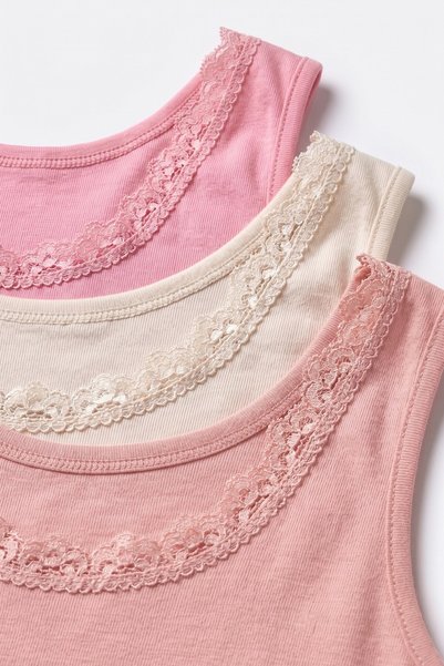 Öts Tricou pentru fete, 3 piese, 100% bumbac, cu bretele groase, cu detaliu din dantelă, anti-transpirație, structură naturală (8018-3)