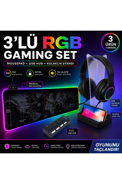 SepetteX 3’lü RGB Gaming Set Mousepad 70x30 + 4 Port USB Hub + Kulaklık Stand...