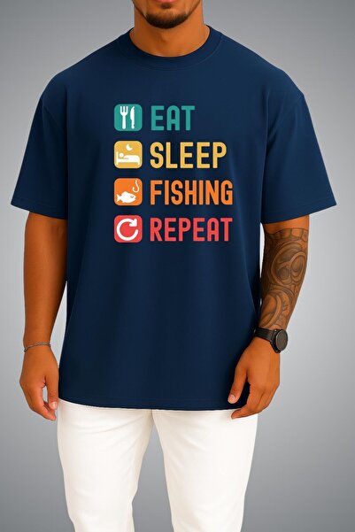 Bahriyeli Collection Oversize Eat Sleep Fishing Repeat Chest Printed Unisex T...