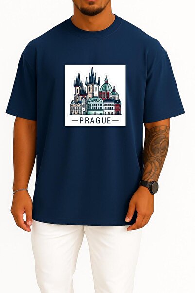 Bahriyeli Collection Oversized Czech Republic Prague - Prag Chest Printed Uni...