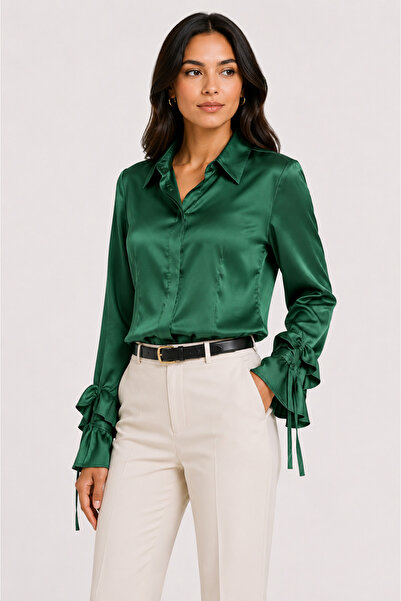 Basics&More Women's Satin Shirt Long Sleeve Lace Sleeve Stylish Blouse - Green