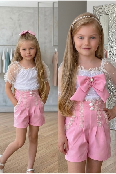 CALİSA Girl's White Shirt Pink Shorts Buckle Combination Suit Eid Clothing