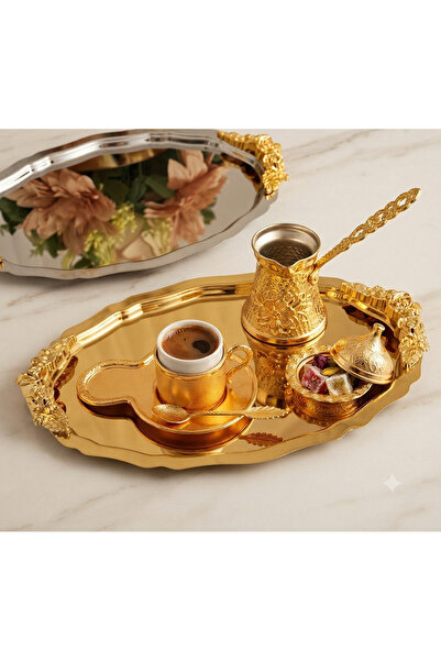 Elzemm store 20*25 CM GOLD VE GÜMÜŞ OVAL KULPLU SUNUM TEPSİSİ