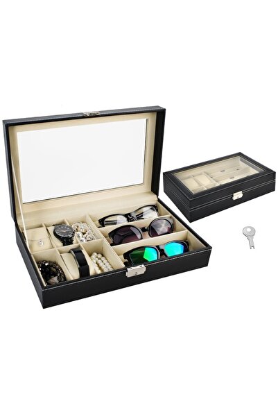 OEM Organizator ceasuri și ochelari, 6 compartimente, din piele, negru