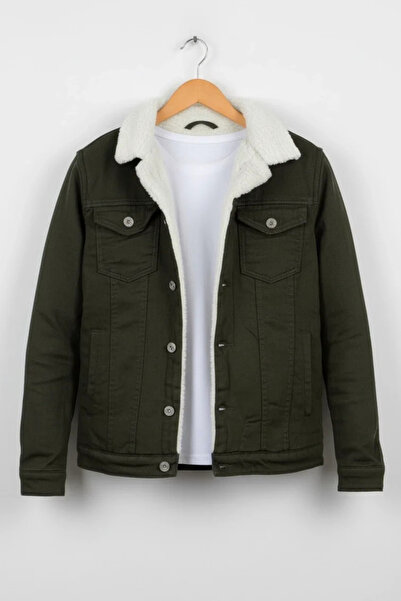 Edwox Pánská džínová bunda Slim Fit s kapsami a kožešinou na knoflíky Zelená ...