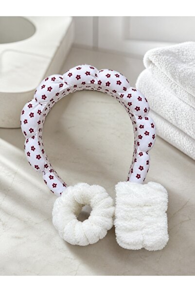 Hurbuy Bulut Model Floral Patterned Puffy Crown and Plush Wristband Set Cream...