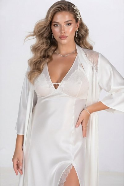 PICO fashion Plus Size Satin Lace Detailed Nightgown and Robe Set