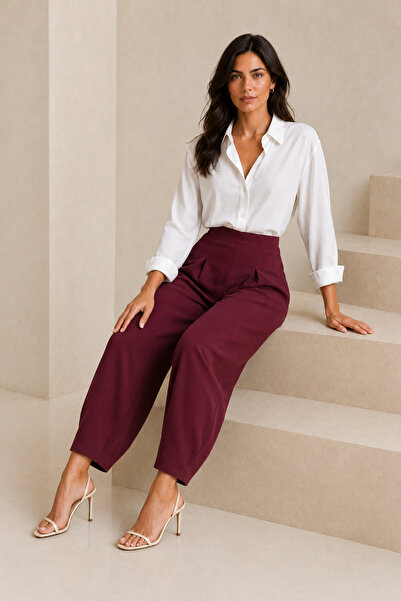 bymervetekstil Pantaloni balon Cendy din crep, bordeaux, fără curea