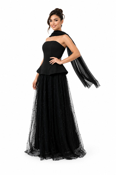 unbranded Women's Black Strapless Glitter Tulle Maxi Evening Dress with Chiff...