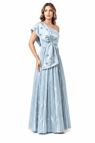unbranded Women's One-Shoulder Ice Blue Evening Gown with Elegant Waist Bow a...