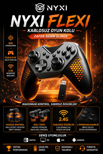 Nyxi Flexi Kablosuz Oyun Kolu Hall Effect Drift Yapmaz Çift Mod Ses Kontrollü...