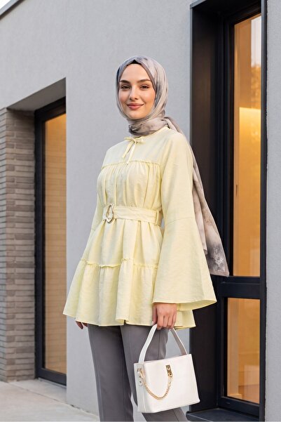 Modamorfo Polyviscon Tunic with Buckle Belt and Tie at the Collar - Yellow