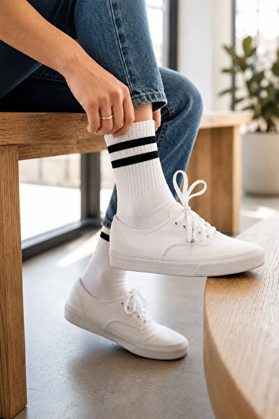 ESER Unisex Beyaz Spor Kolej Çorabı Pamuklu Günlük ve Spor Kullanım 6 Lı