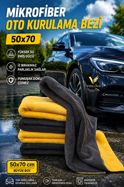 VİSLUNA ( 1 Adet ) Mikrofiber Oto Kurulama Havlusu Kalın Ve Yumuşak Havlu Bez 50x70'Cm Süper Emici