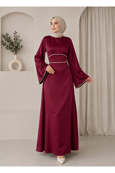 BestShopping Beli Bağlamalı Taşlı Tesettür Abiye Elbise Bordo