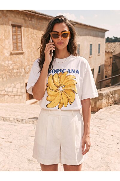 ONLOOX White Cotton Crew Neck Short Sleeve Oversize Tropicana Banana Printed ...