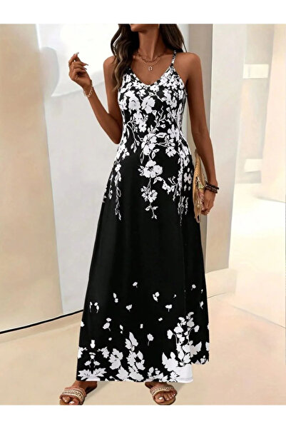 Generic Brand Women's Strappy V-Neck Patterned Long Single Jersey Dress