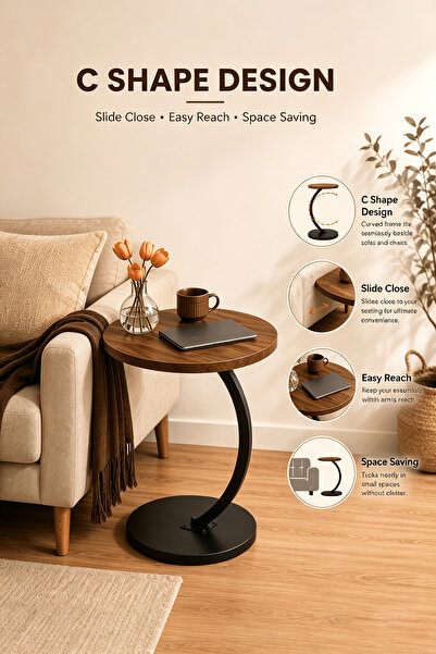 Belco C-Shaped Side Table with Wooden Tabletop & Sturdy Metal Frame – Space-S...