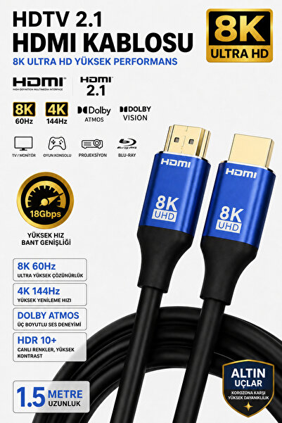 Kontorland Ultra Yüksek Hızlı 8k Hdmi 2.1 Kablo, 4k 144hz Hdmi Kablosu 1,5 Me...