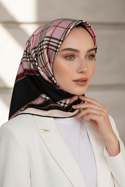 Vissona %100 Twill İpek Ekose Desenli Pudra - Şarabi Renkli 90x90 Eşarp Dikim...